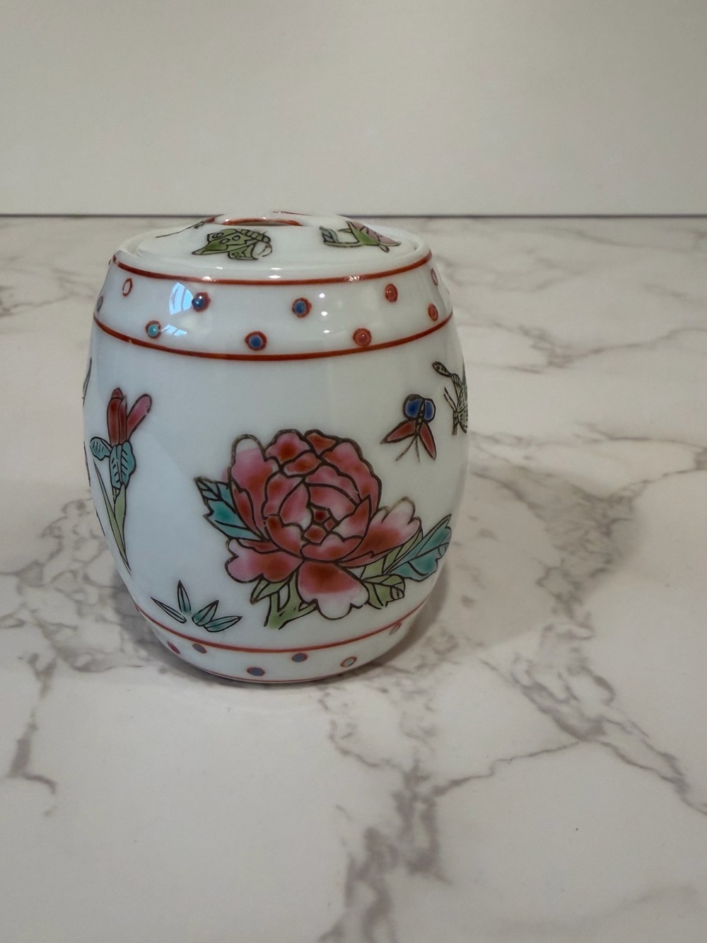 Vintage Famille Rose Small Barrel Shaped Porcelain Spice Ginger Jar w/Lid  2.5”